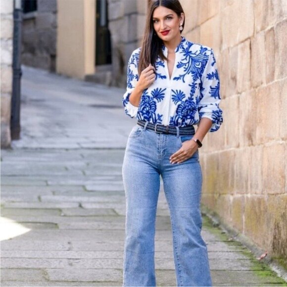 ZARA Blue White Printed Blouse Top Women’s Size Small | Lightweight Chic - Picture 5 of 14
